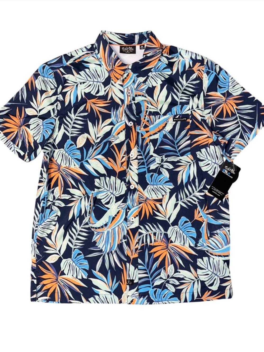 Salt Life Performance Short Sleeve Button Up Collar Shirt Blue Floral NWT Medium